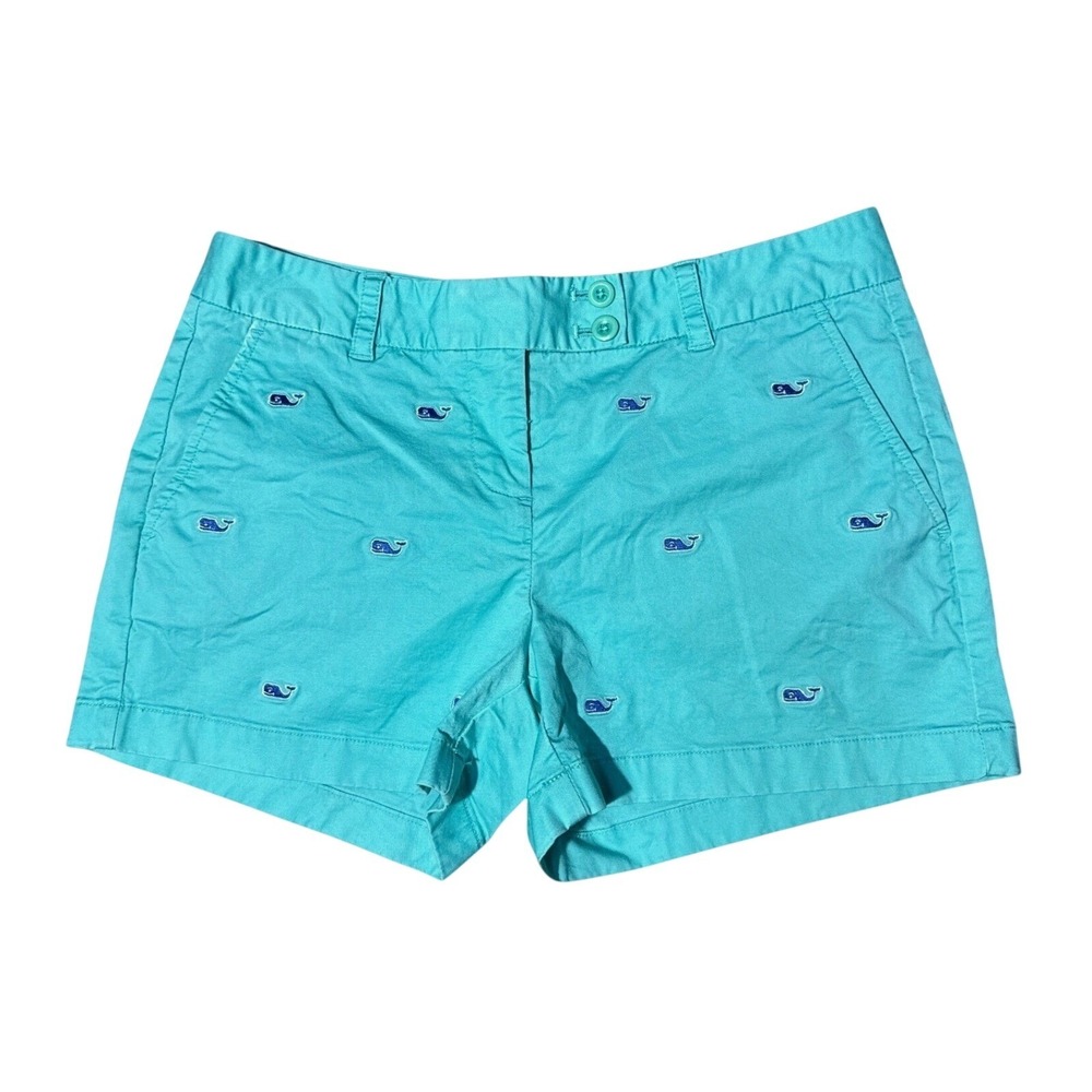 Vineyard Vines Whale Embroidered Chino Shorts Womens 4 Turquoise Classic Preppy